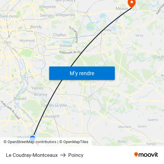 Le Coudray-Montceaux to Poincy map