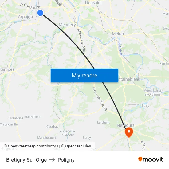 Bretigny-Sur-Orge to Poligny map