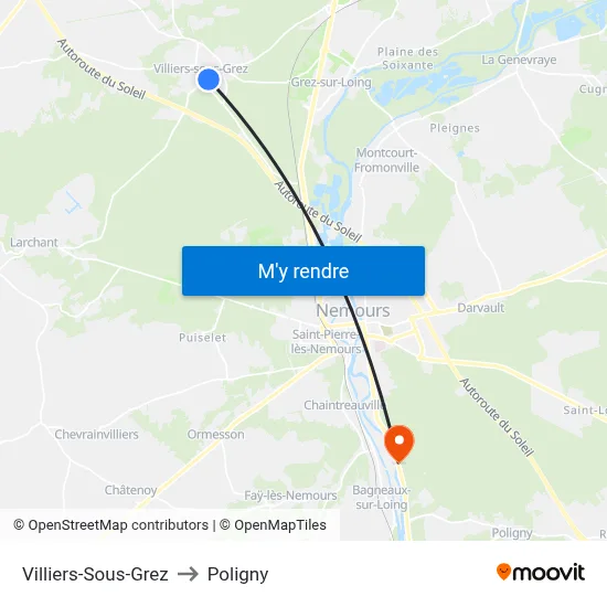 Villiers-Sous-Grez to Poligny map