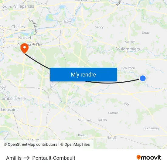 Amillis to Pontault-Combault map