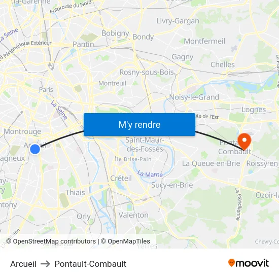 Arcueil to Pontault-Combault map