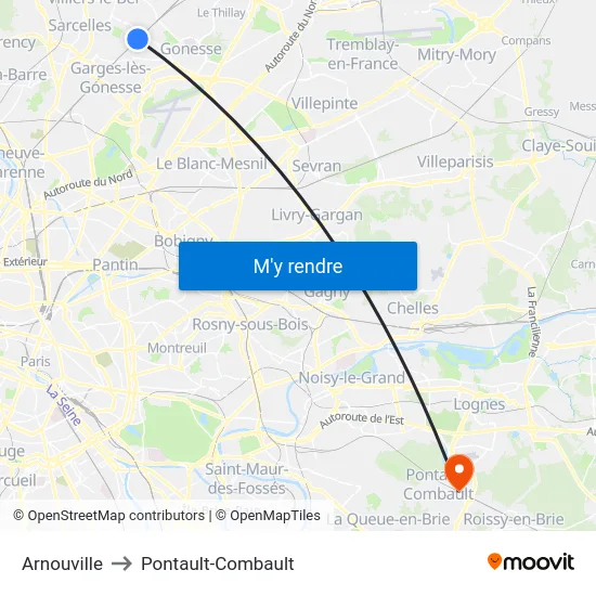 Arnouville to Pontault-Combault map