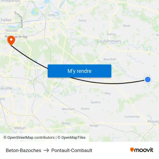 Beton-Bazoches to Pontault-Combault map