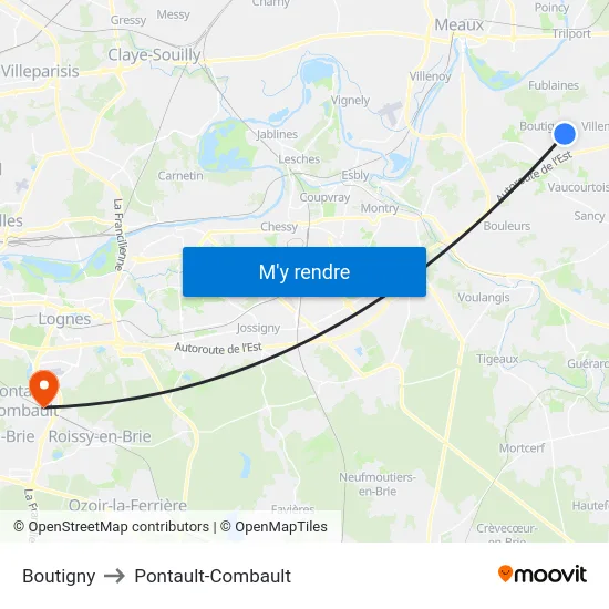 Boutigny to Pontault-Combault map