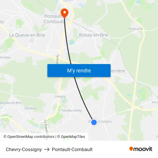 Chevry-Cossigny to Pontault-Combault map