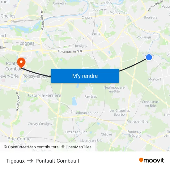 Tigeaux to Pontault-Combault map