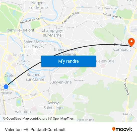 Valenton to Pontault-Combault map