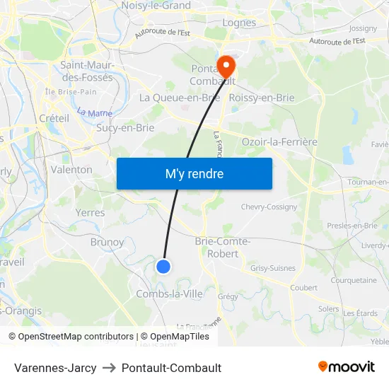 Varennes-Jarcy to Pontault-Combault map