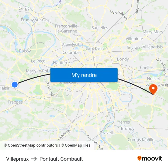 Villepreux to Pontault-Combault map