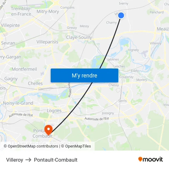 Villeroy to Pontault-Combault map