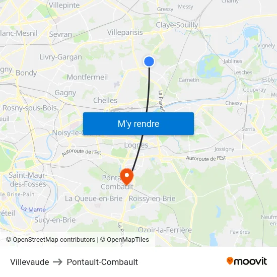 Villevaude to Pontault-Combault map