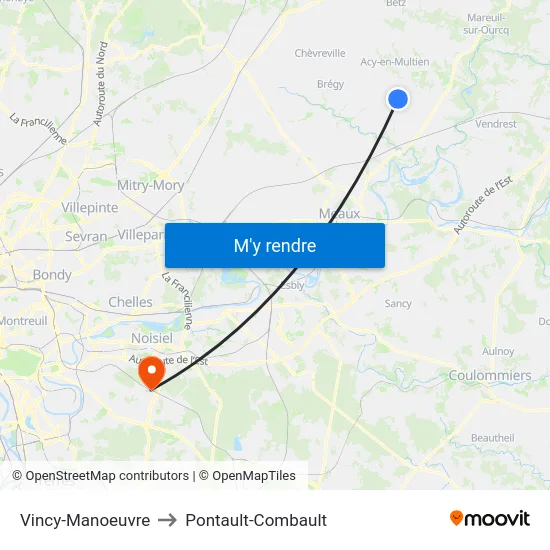 Vincy-Manoeuvre to Pontault-Combault map