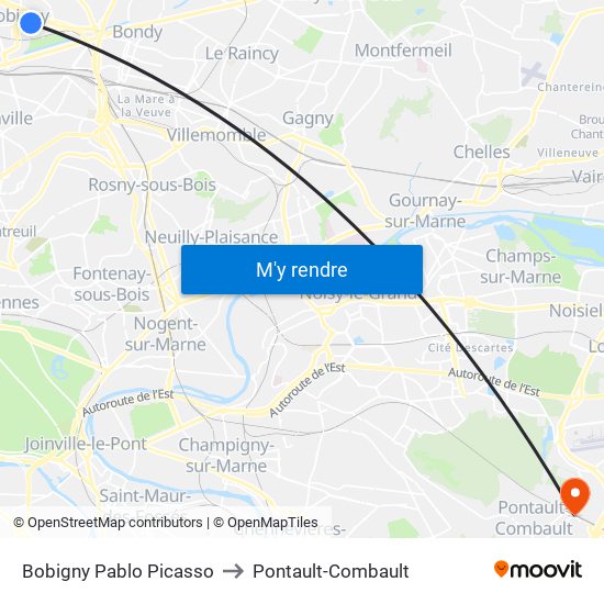 Bobigny Pablo Picasso to Pontault-Combault map