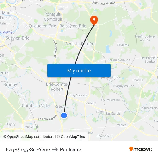 Evry-Gregy-Sur-Yerre to Pontcarre map