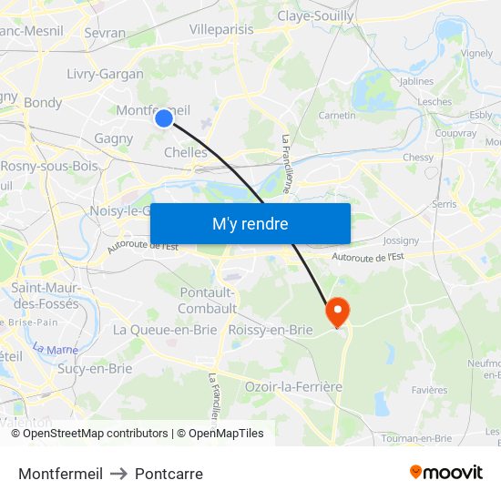 Montfermeil to Pontcarre map