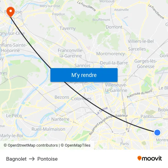 Bagnolet to Pontoise map