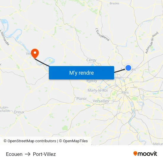 Ecouen to Port-Villez map
