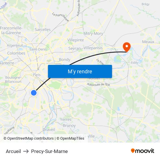 Arcueil to Precy-Sur-Marne map