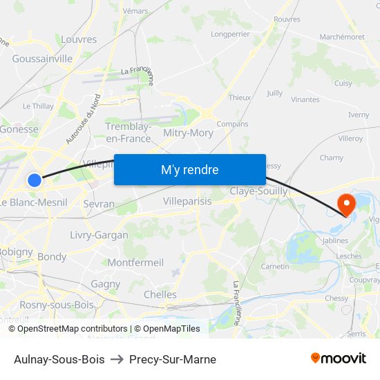 Aulnay-Sous-Bois to Precy-Sur-Marne map