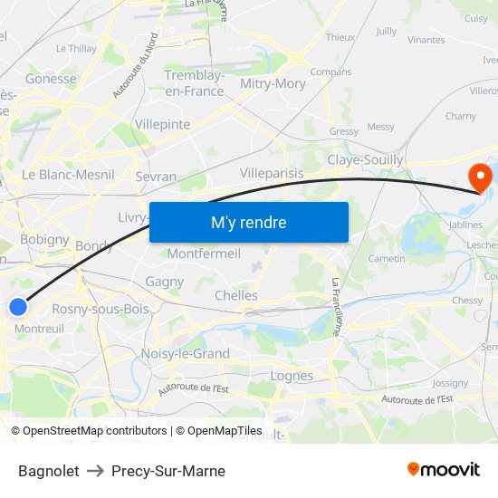 Bagnolet to Precy-Sur-Marne map