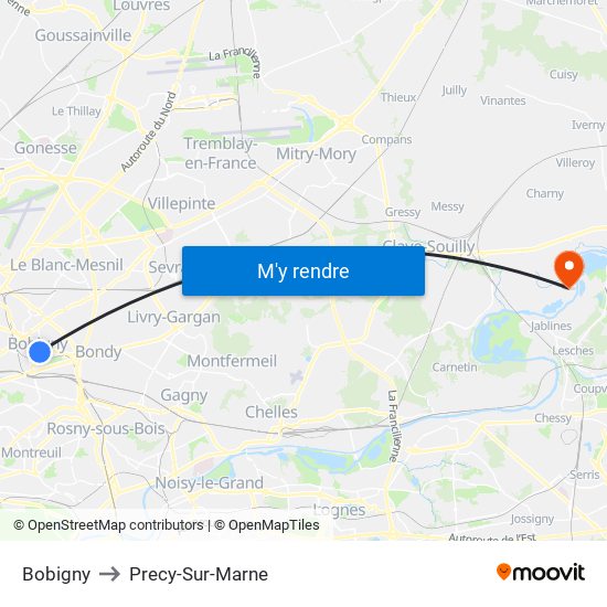 Bobigny to Precy-Sur-Marne map