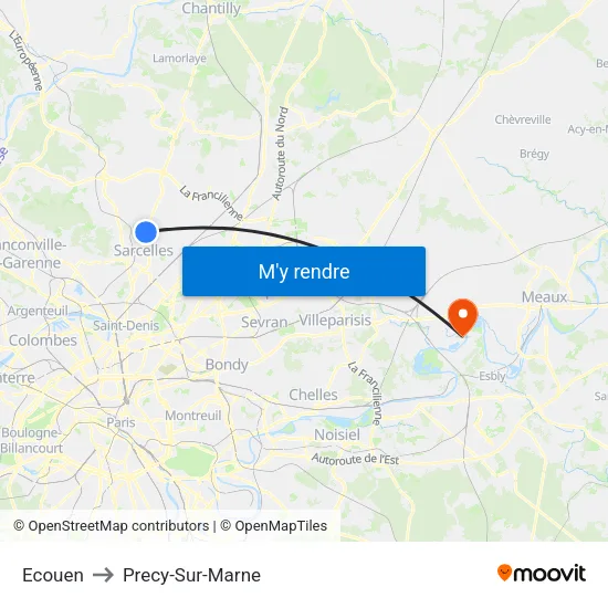 Ecouen to Precy-Sur-Marne map
