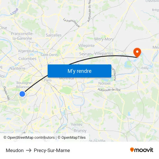 Meudon to Precy-Sur-Marne map