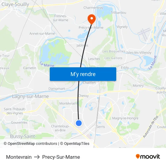 Montevrain to Precy-Sur-Marne map