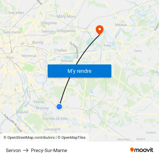 Servon to Precy-Sur-Marne map