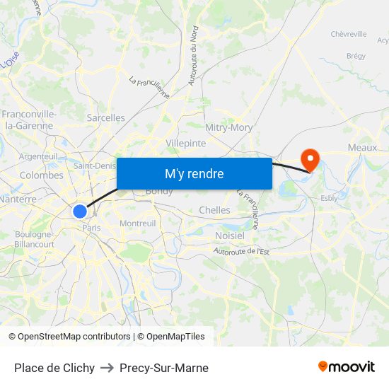 Place de Clichy to Precy-Sur-Marne map