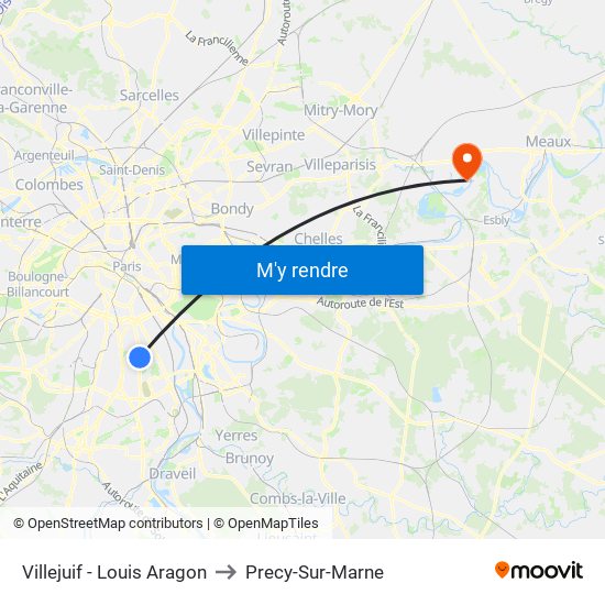 Villejuif - Louis Aragon to Precy-Sur-Marne map