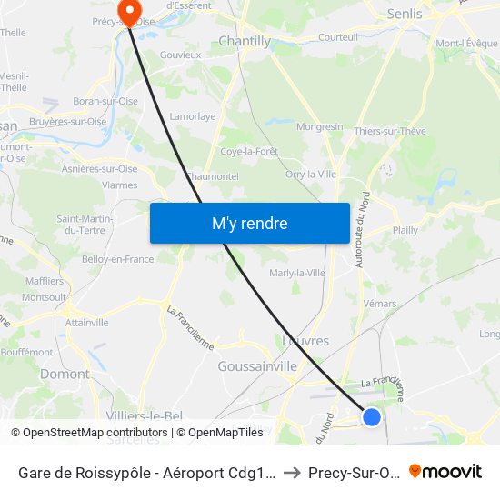 Roissypole - Aéroport Cdg1 (G1) to Precy-Sur-Oise map