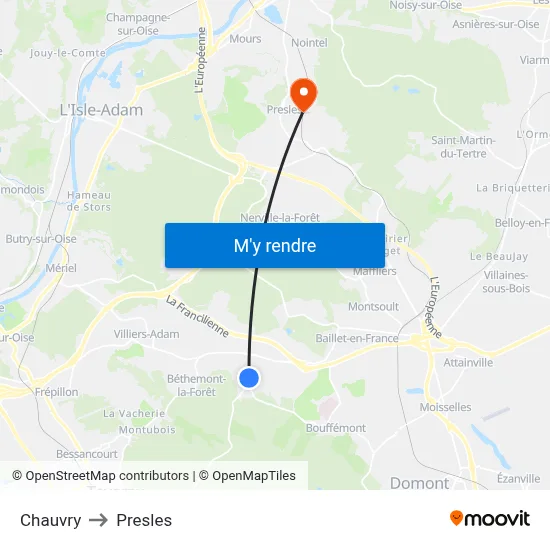 Chauvry to Presles map