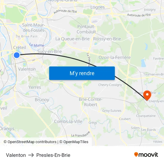 Valenton to Presles-En-Brie map