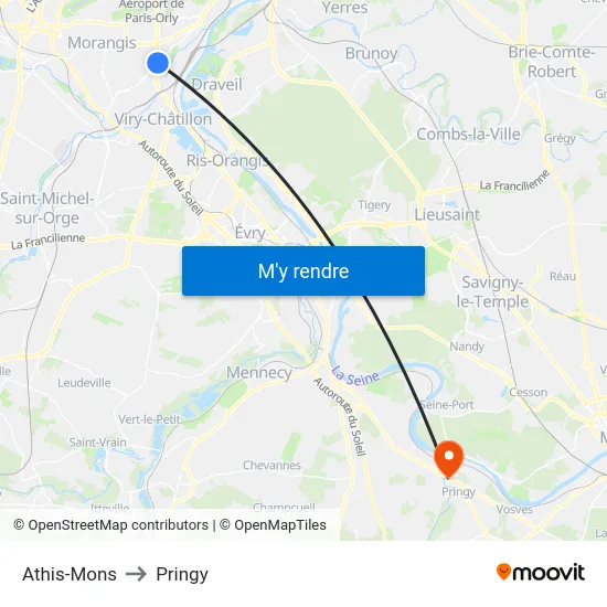 Athis-Mons to Pringy map