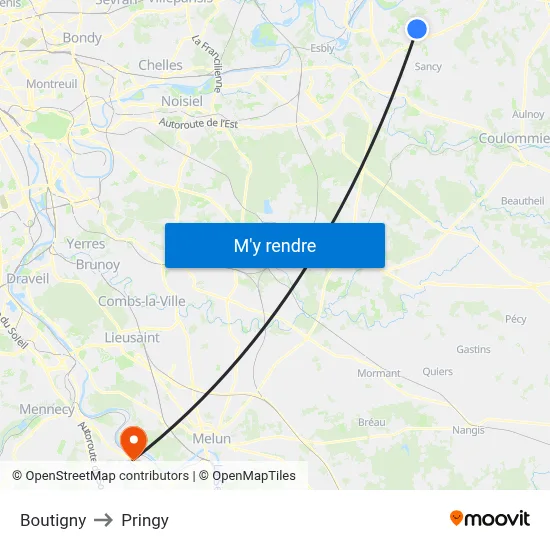 Boutigny to Pringy map