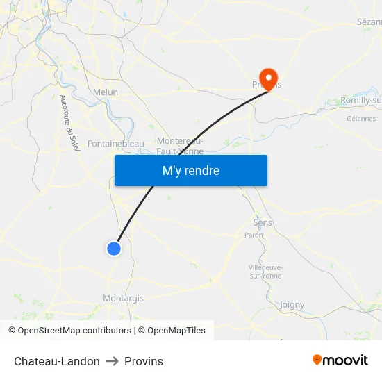 Chateau-Landon to Provins map