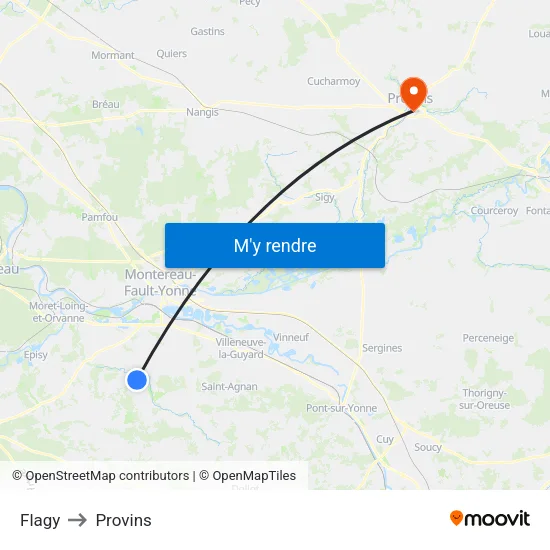 Flagy to Provins map