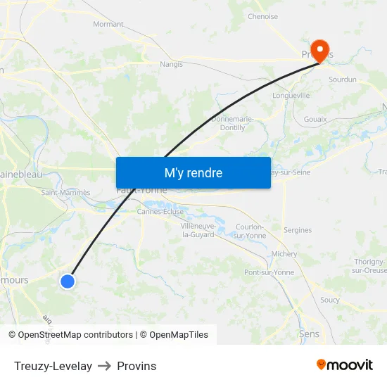 Treuzy-Levelay to Provins map