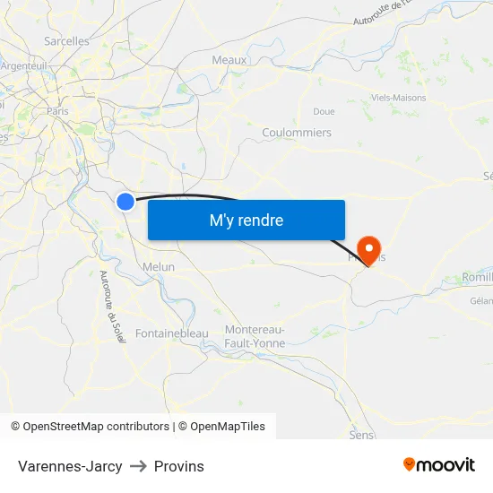 Varennes-Jarcy to Provins map