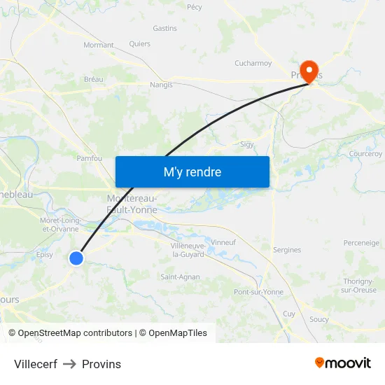 Villecerf to Provins map