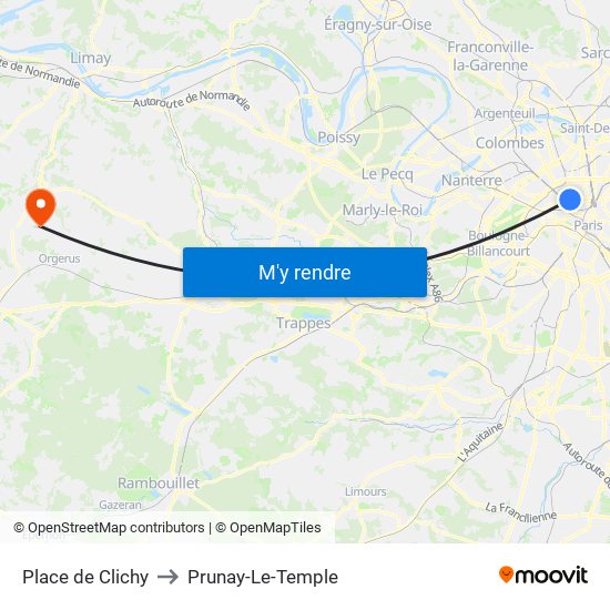 Place de Clichy to Prunay-Le-Temple map