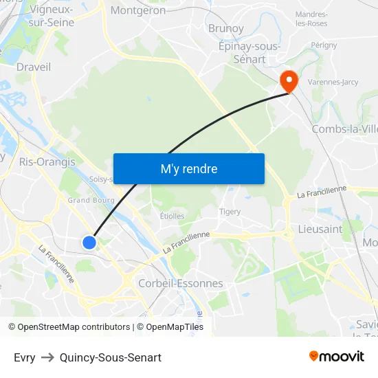 Evry to Quincy-Sous-Senart map