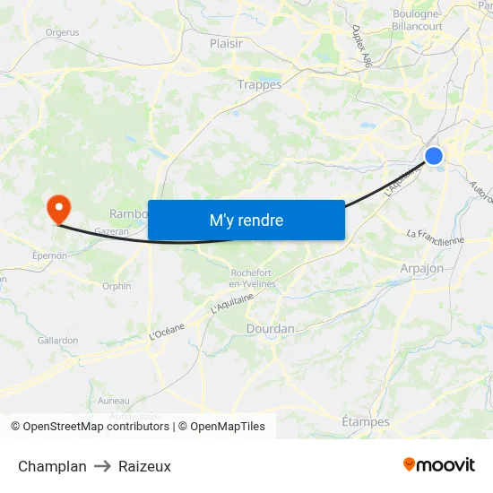 Champlan to Raizeux map