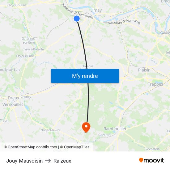 Jouy-Mauvoisin to Raizeux map