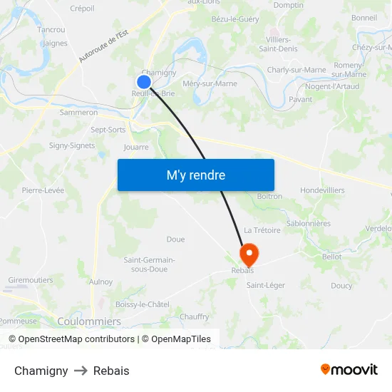 Chamigny to Rebais map