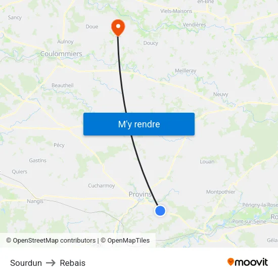 Sourdun to Rebais map