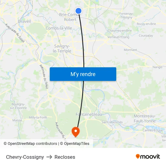 Chevry-Cossigny to Recloses map