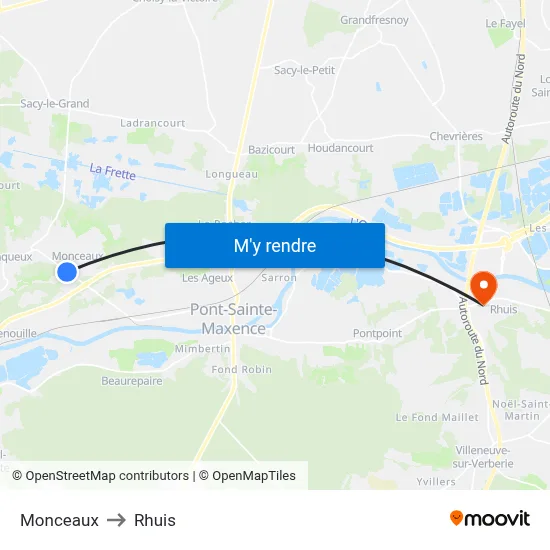 Monceaux to Rhuis map