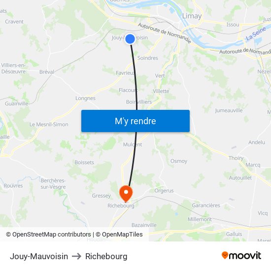 Jouy-Mauvoisin to Richebourg map